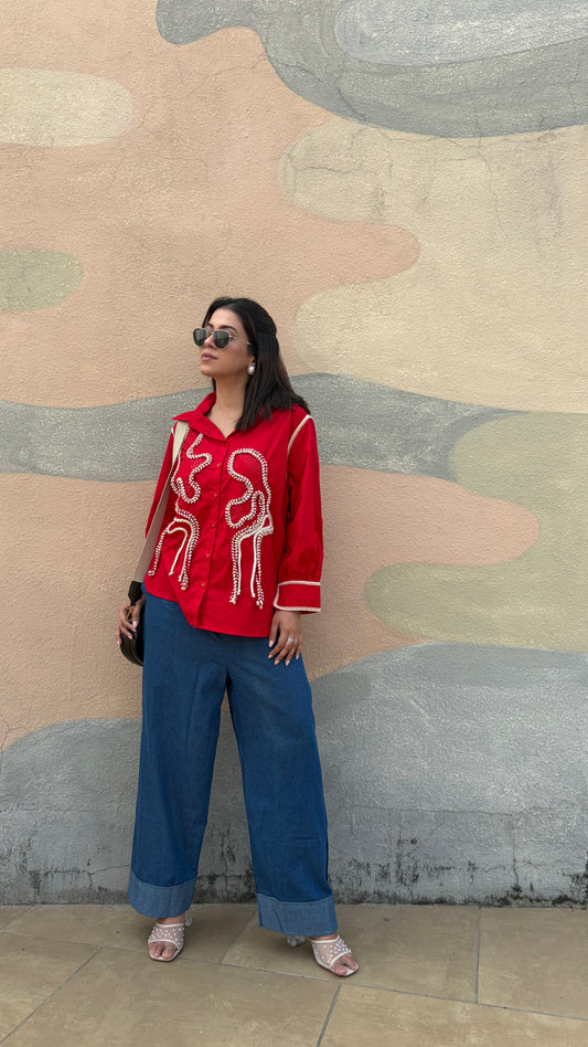 Red Pearl Embroidered Oversized Shirt