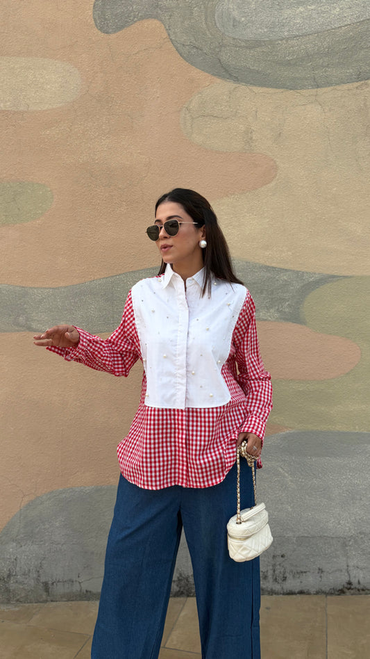 Red Gingham & White Pearl Oversized Shirt