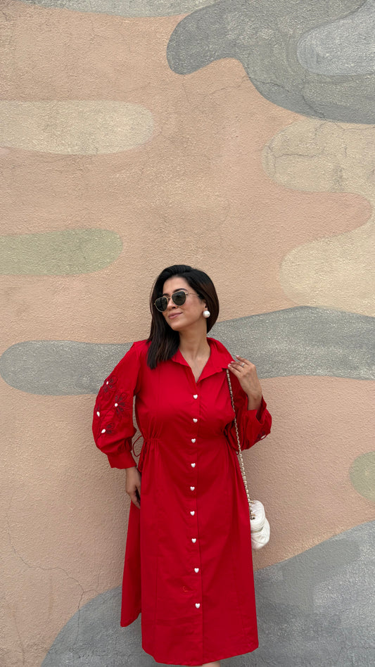 Red Heart Button Midi Shirt Dress