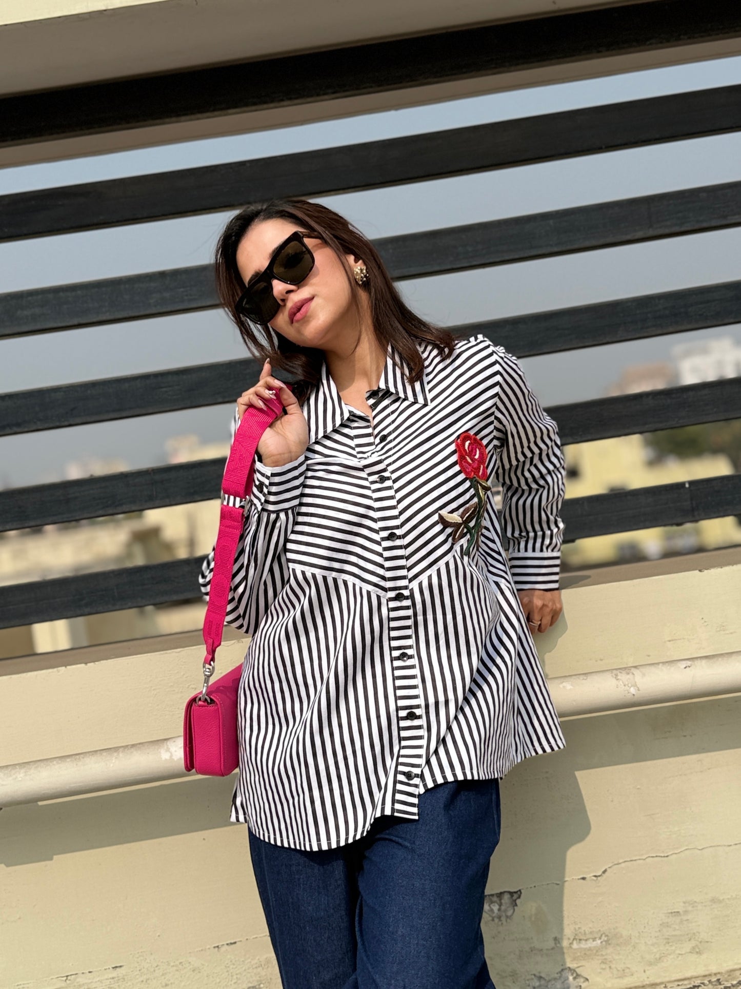 Black Striped Shirt with Rose Patch