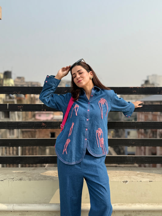 Blue Denim Co-ordset with Pink Ribbon Emb