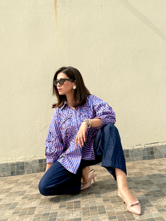 Striped Lavender Pink Cutwork Shirt