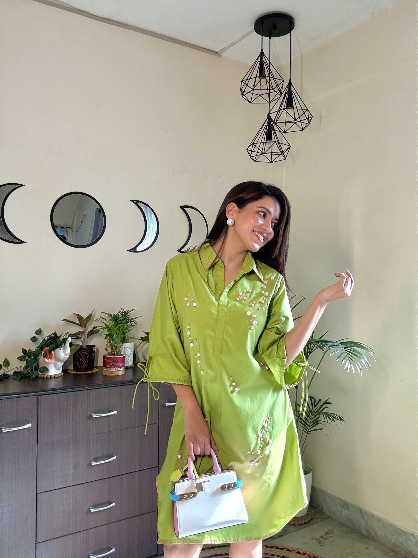 Bright Green Dress With Pearl Detailing