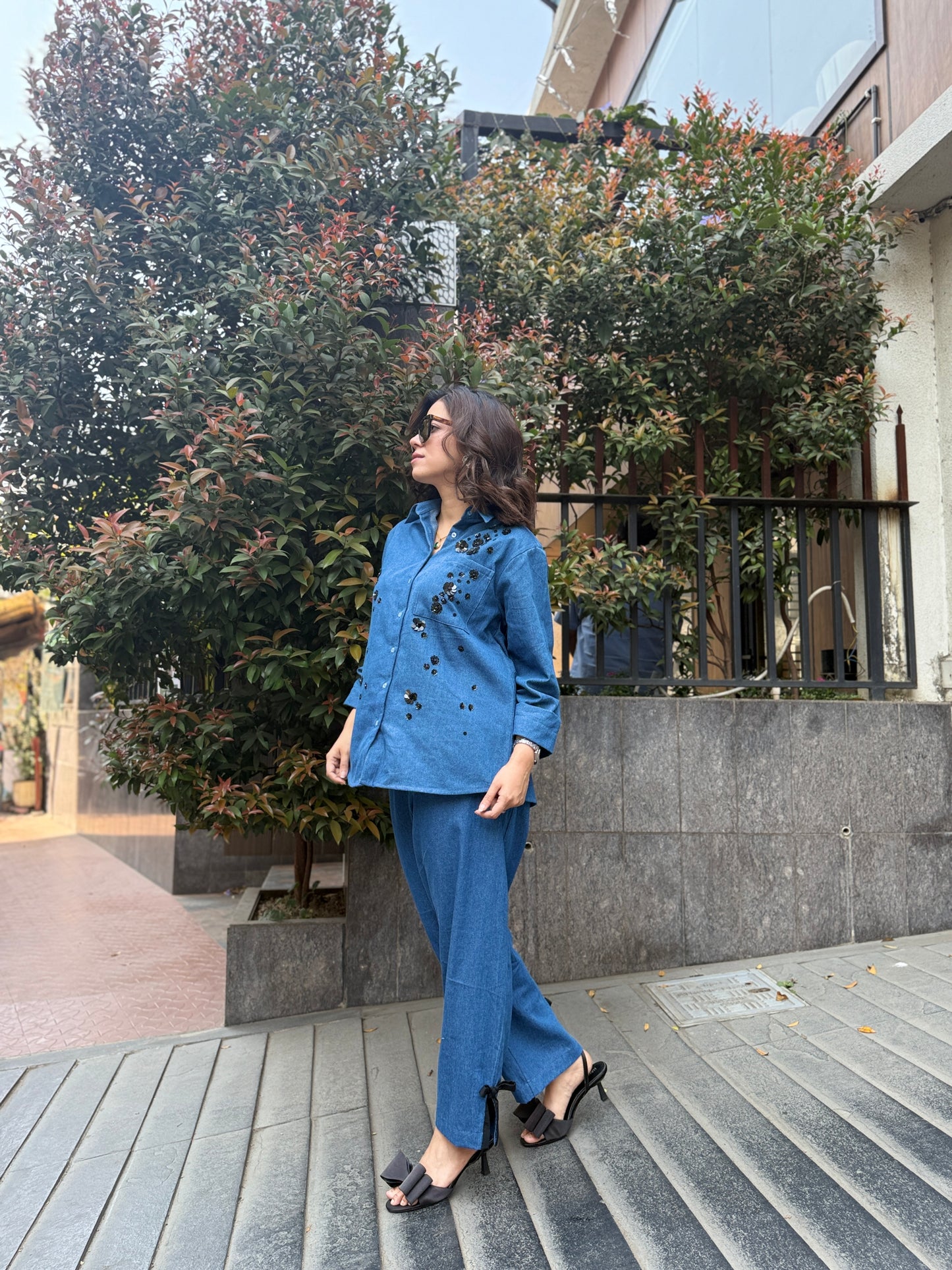 Blue Denim Sequin Floral Coord Set