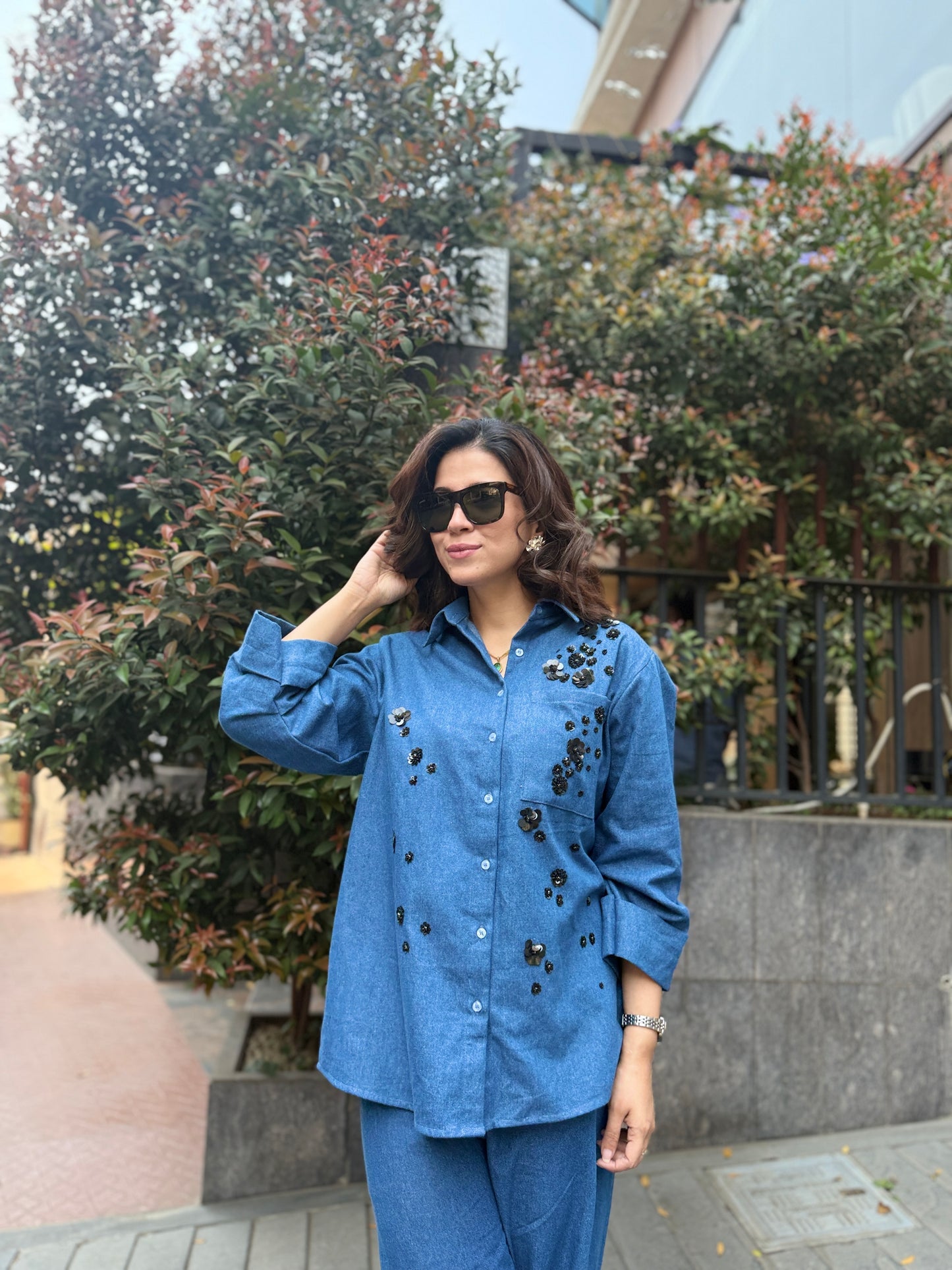 Blue Denim Sequin Floral Coord Set