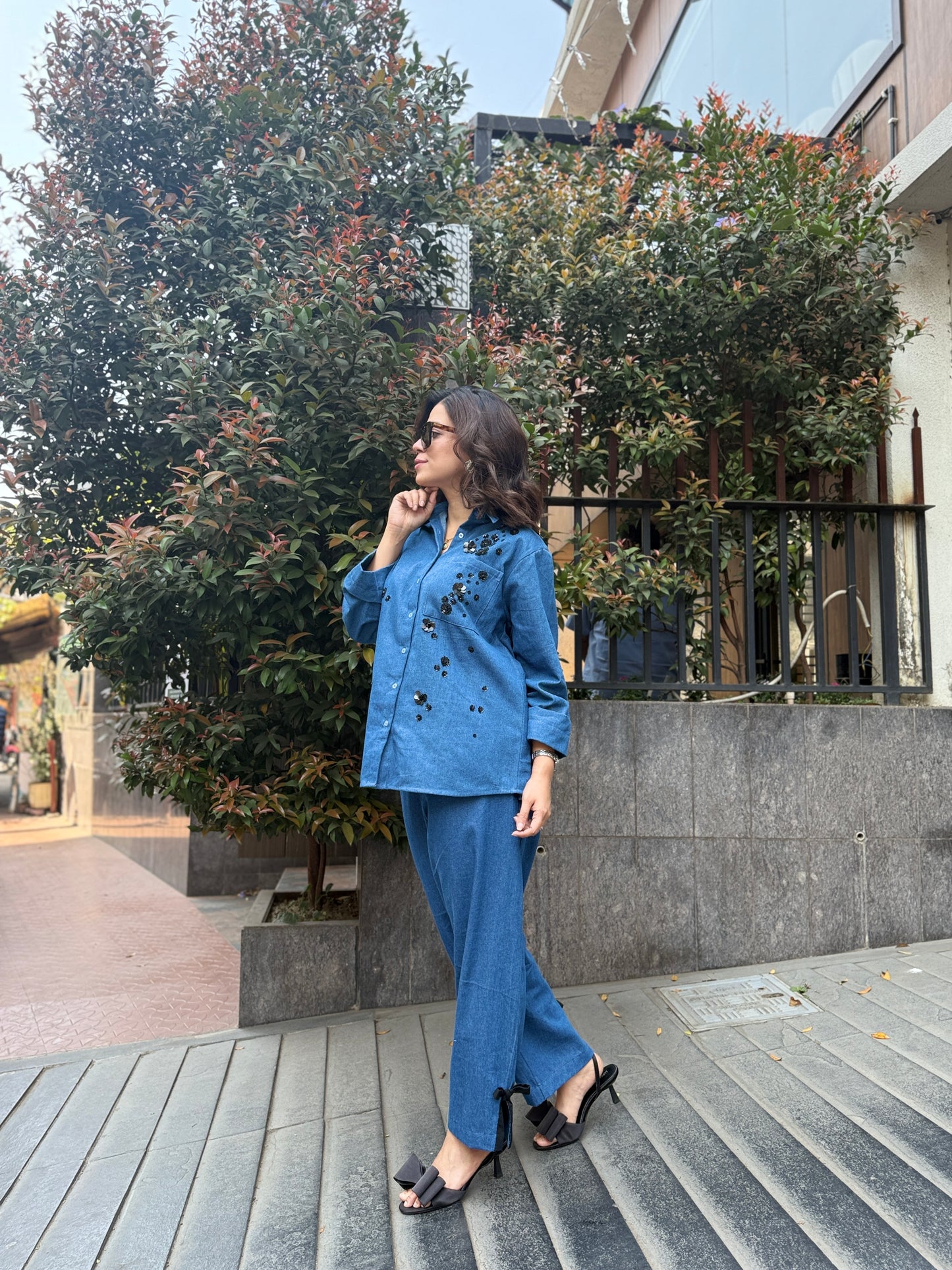 Blue Denim Sequin Floral Coord Set
