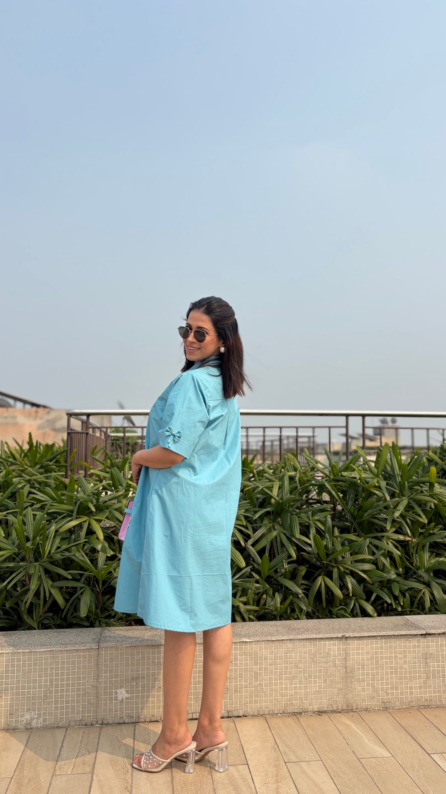 Sky Blue Embroidered A-Line Shirt Dress