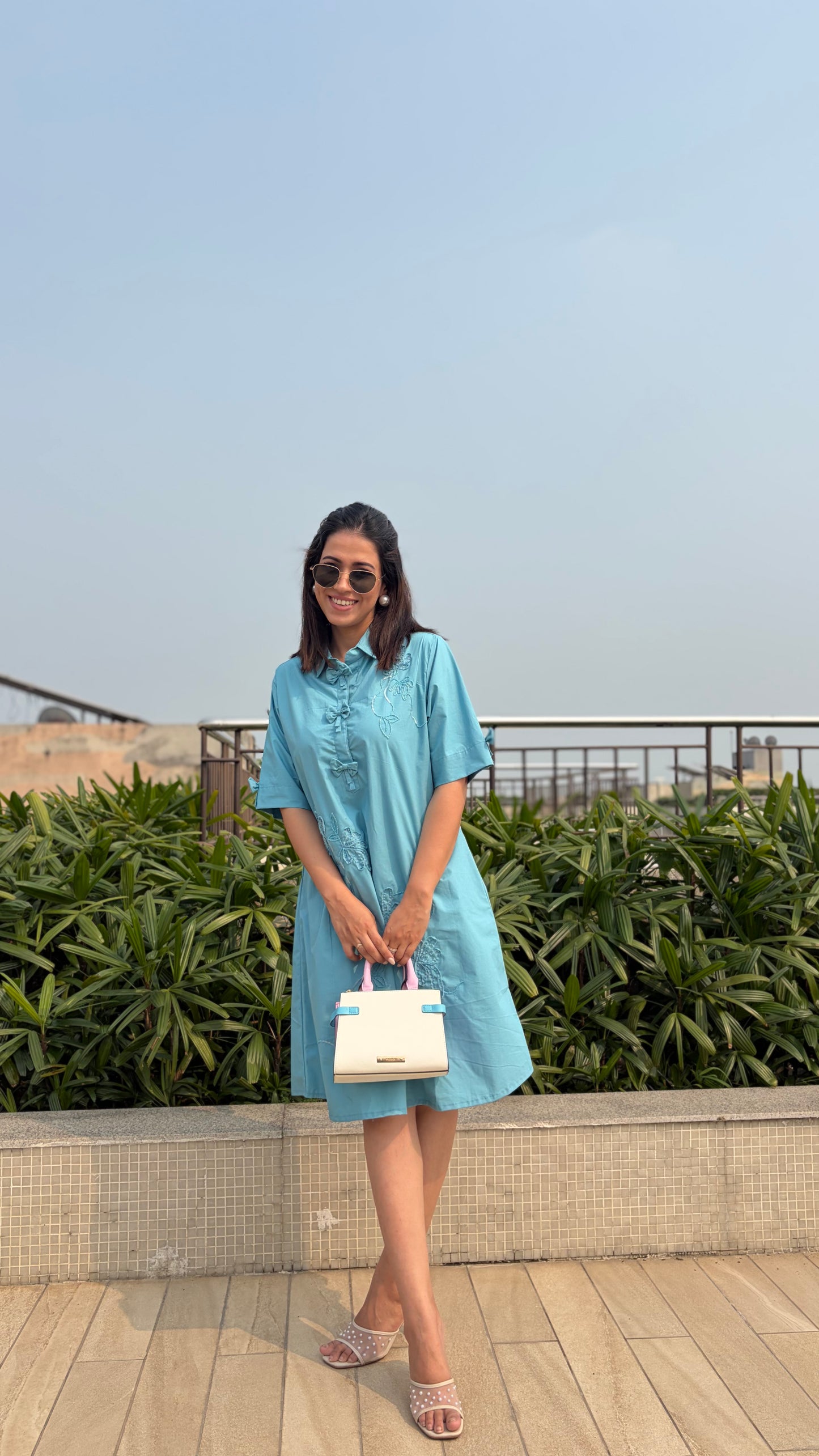 Sky Blue Embroidered A-Line Shirt Dress