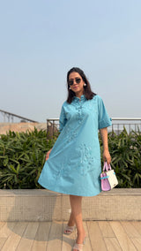 Sky Blue Embroidered A-Line Shirt Dress