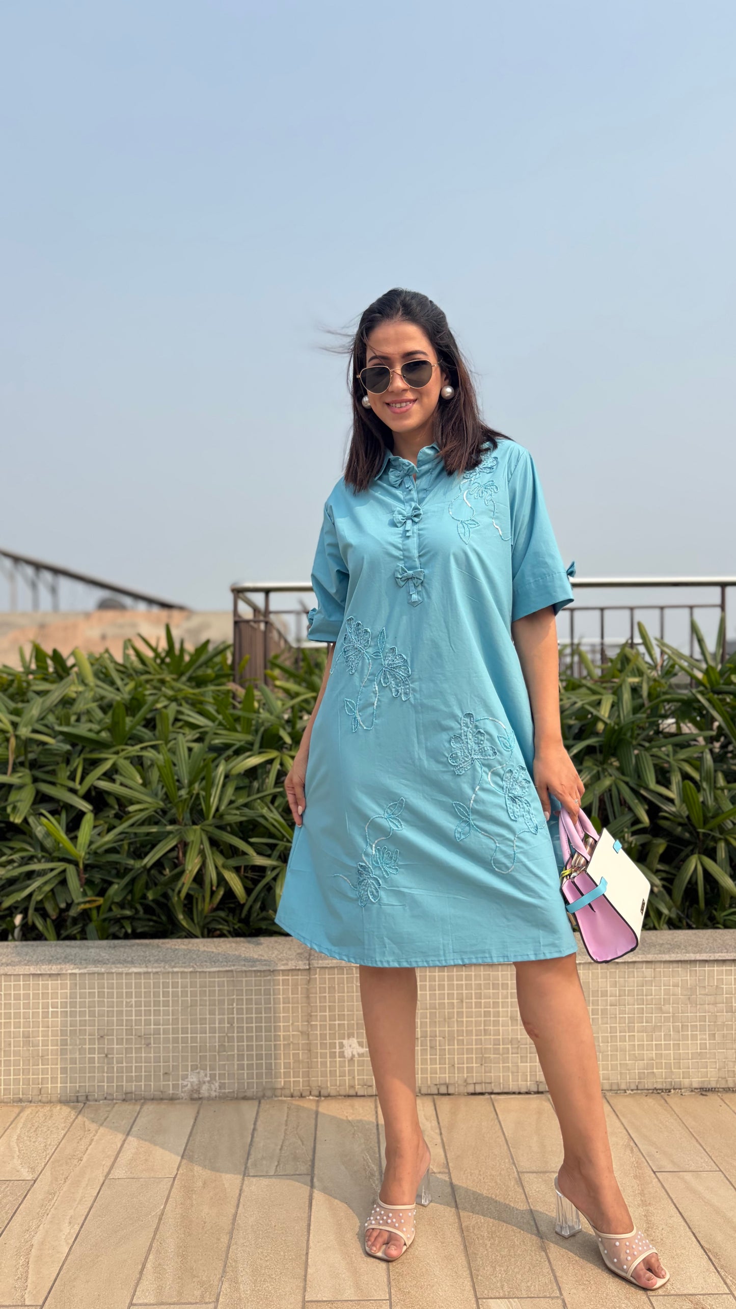 Sky Blue Embroidered A-Line Shirt Dress
