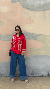 Red Pearl Embroidered Oversized Shirt