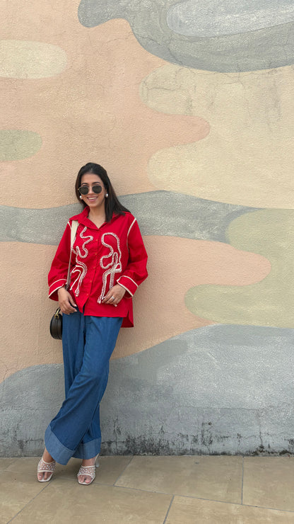 Red Pearl Embroidered Oversized Shirt