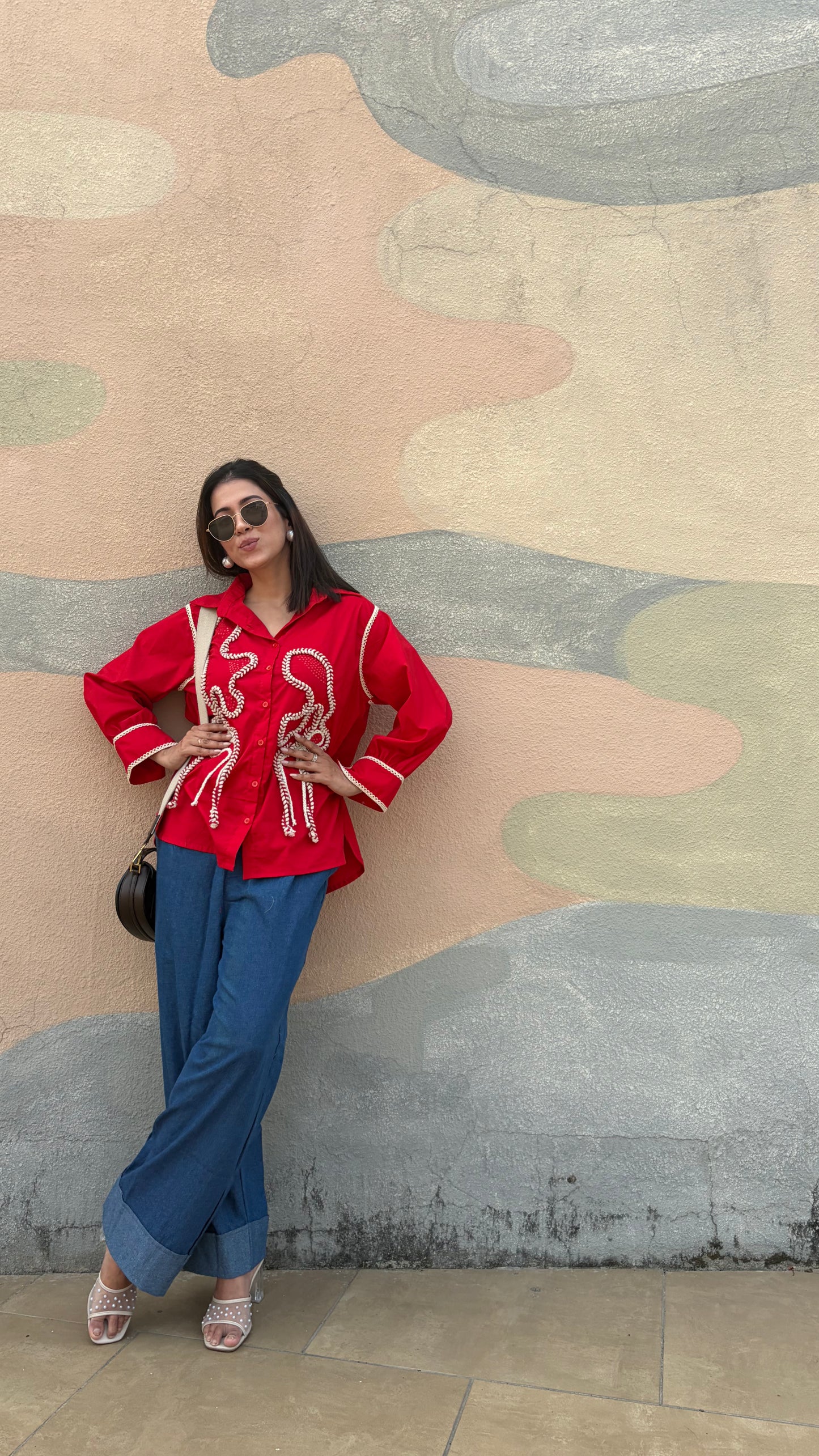 Red Pearl Embroidered Oversized Shirt