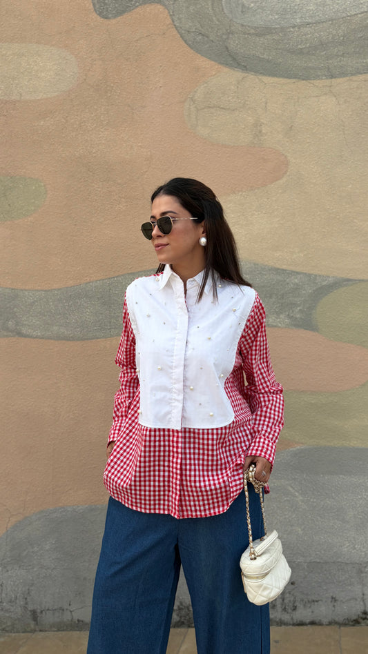 Red Gingham & White Pearl Oversized Shirt