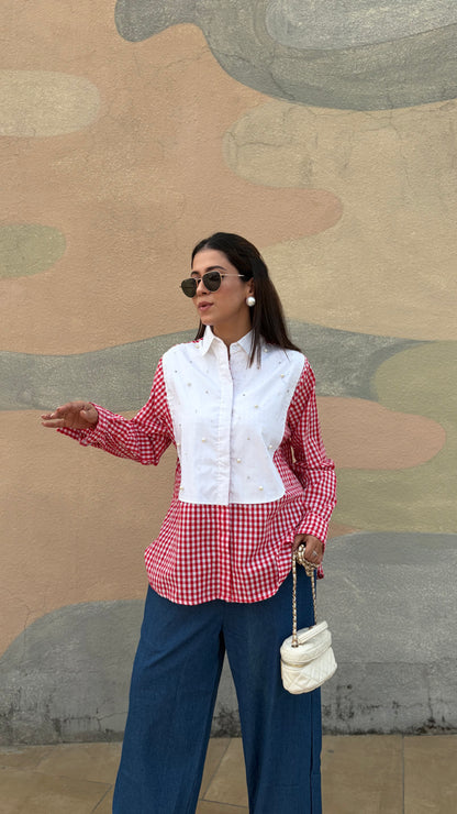 Red Gingham & White Pearl Oversized Shirt