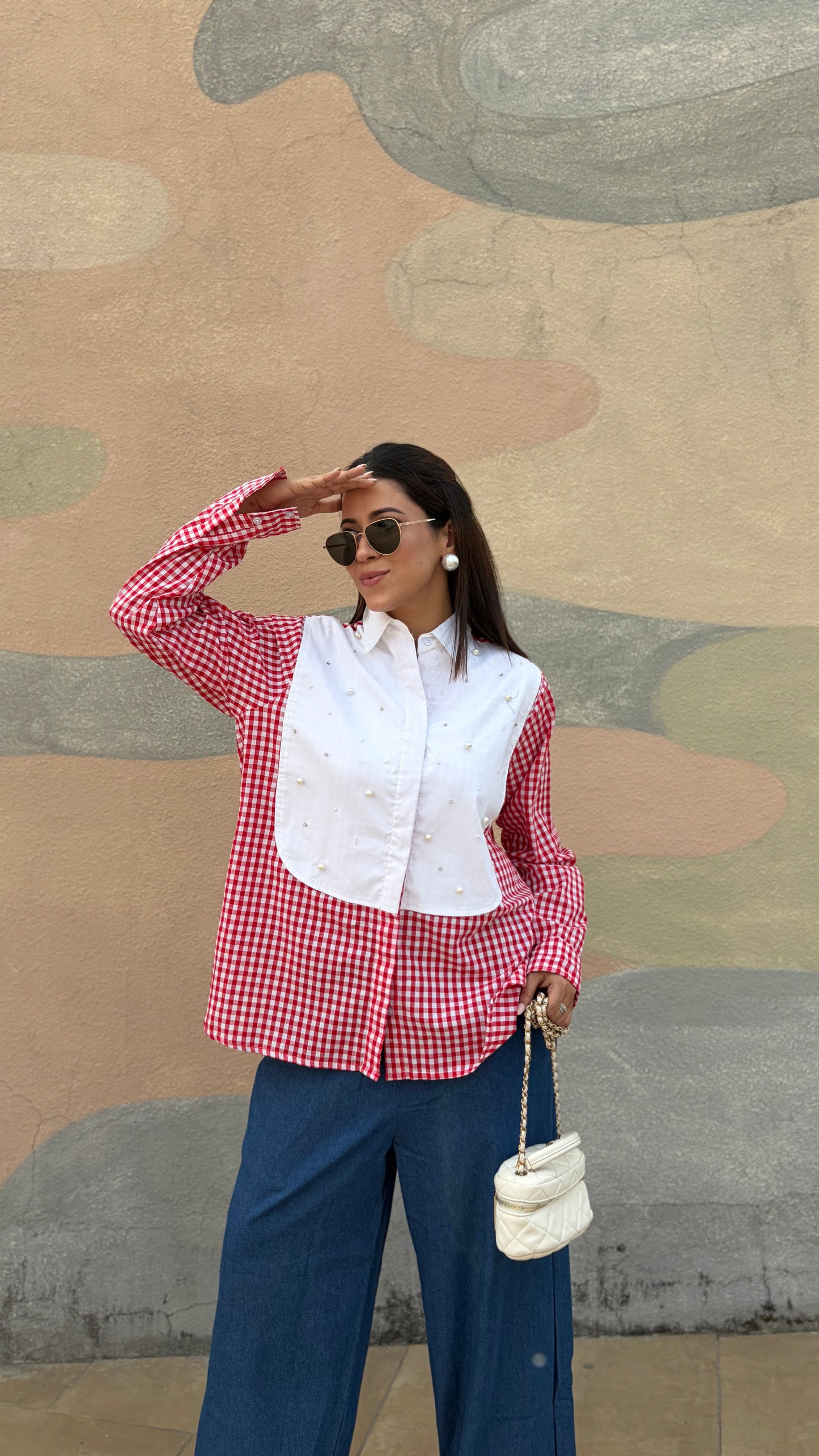 Red Gingham & White Pearl Oversized Shirt