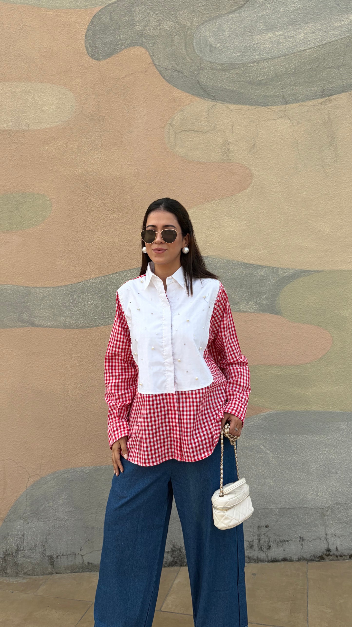 Red Gingham & White Pearl Oversized Shirt