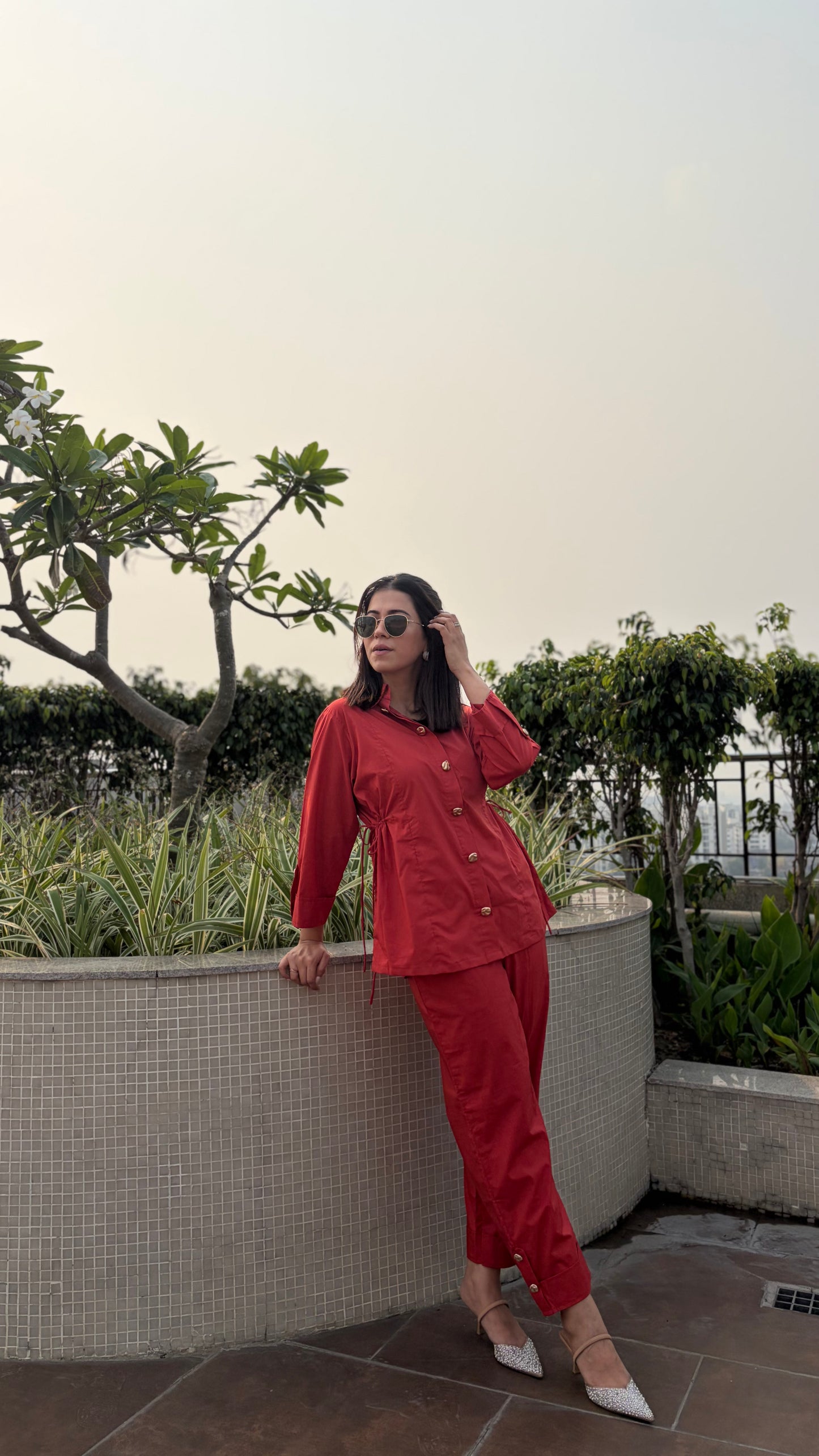 Rust Red Cinched Waist Shirt & Trouser Coord Set