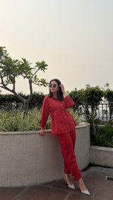Rust Red Cinched Waist Shirt & Trouser Coord Set