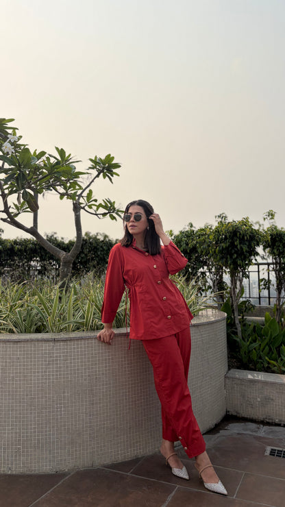Rust Red Cinched Waist Shirt & Trouser Coord Set