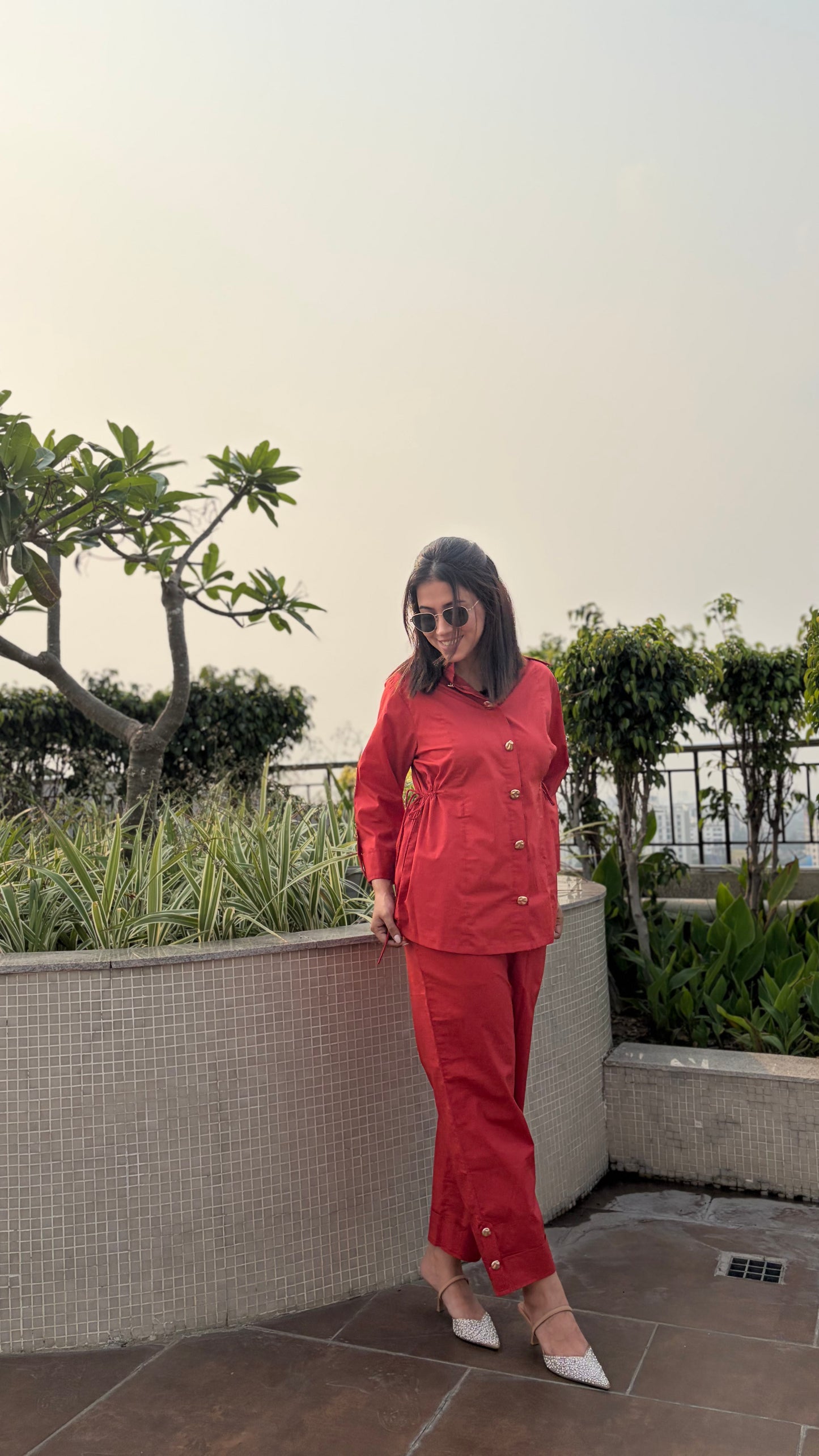 Rust Red Cinched Waist Shirt & Trouser Coord Set