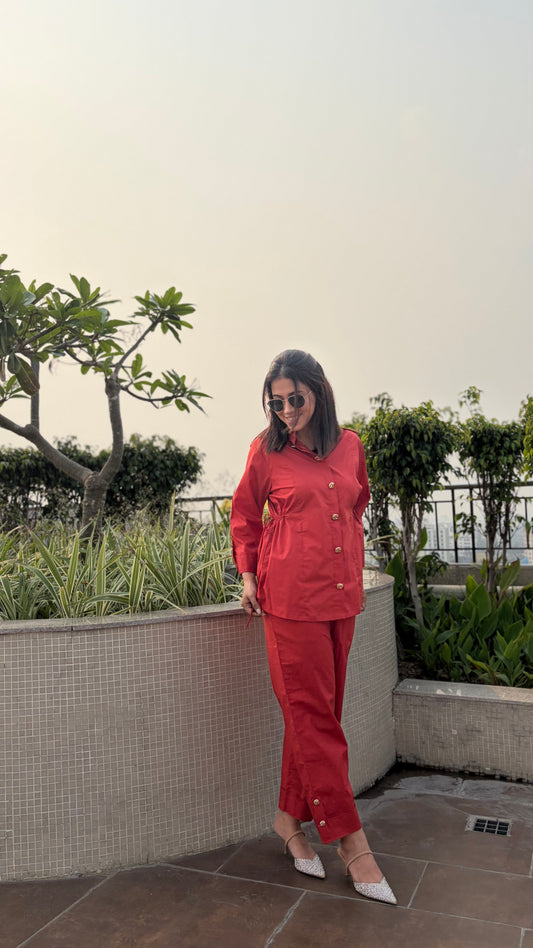 Rust Red Cinched Waist Shirt & Trouser Coord Set