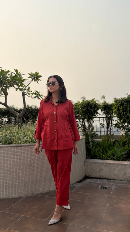 Rust Red Cinched Waist Shirt & Trouser Coord Set