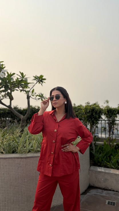 Rust Red Cinched Waist Shirt & Trouser Coord Set