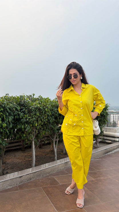 Yellow Floral Pearl Embroidered Shirt & Trouser Coord Set