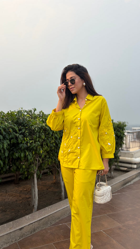 Yellow Floral Pearl Embroidered Shirt & Trouser Coord Set