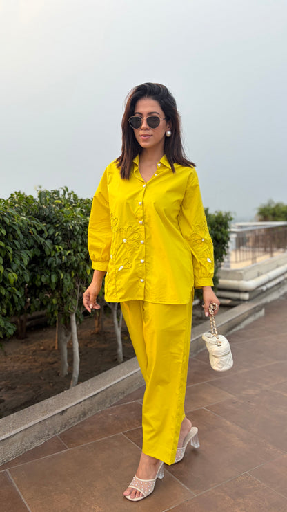 Yellow Floral Pearl Embroidered Shirt & Trouser Coord Set