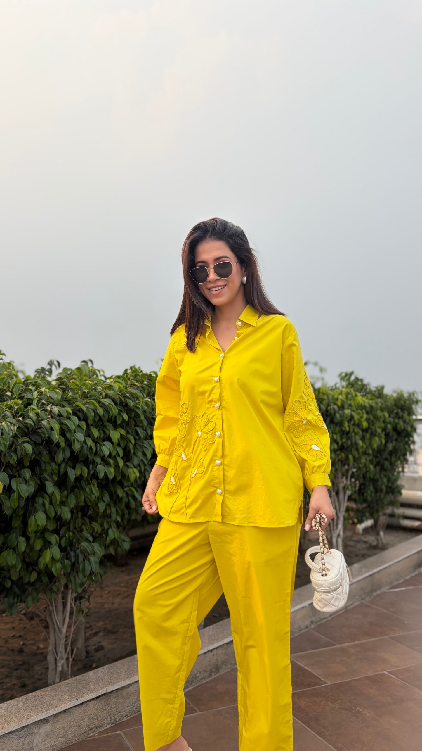Yellow Floral Pearl Embroidered Shirt & Trouser Coord Set