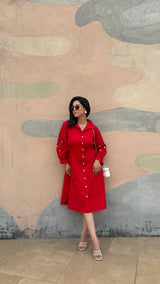 Red Heart Button Midi Shirt Dress
