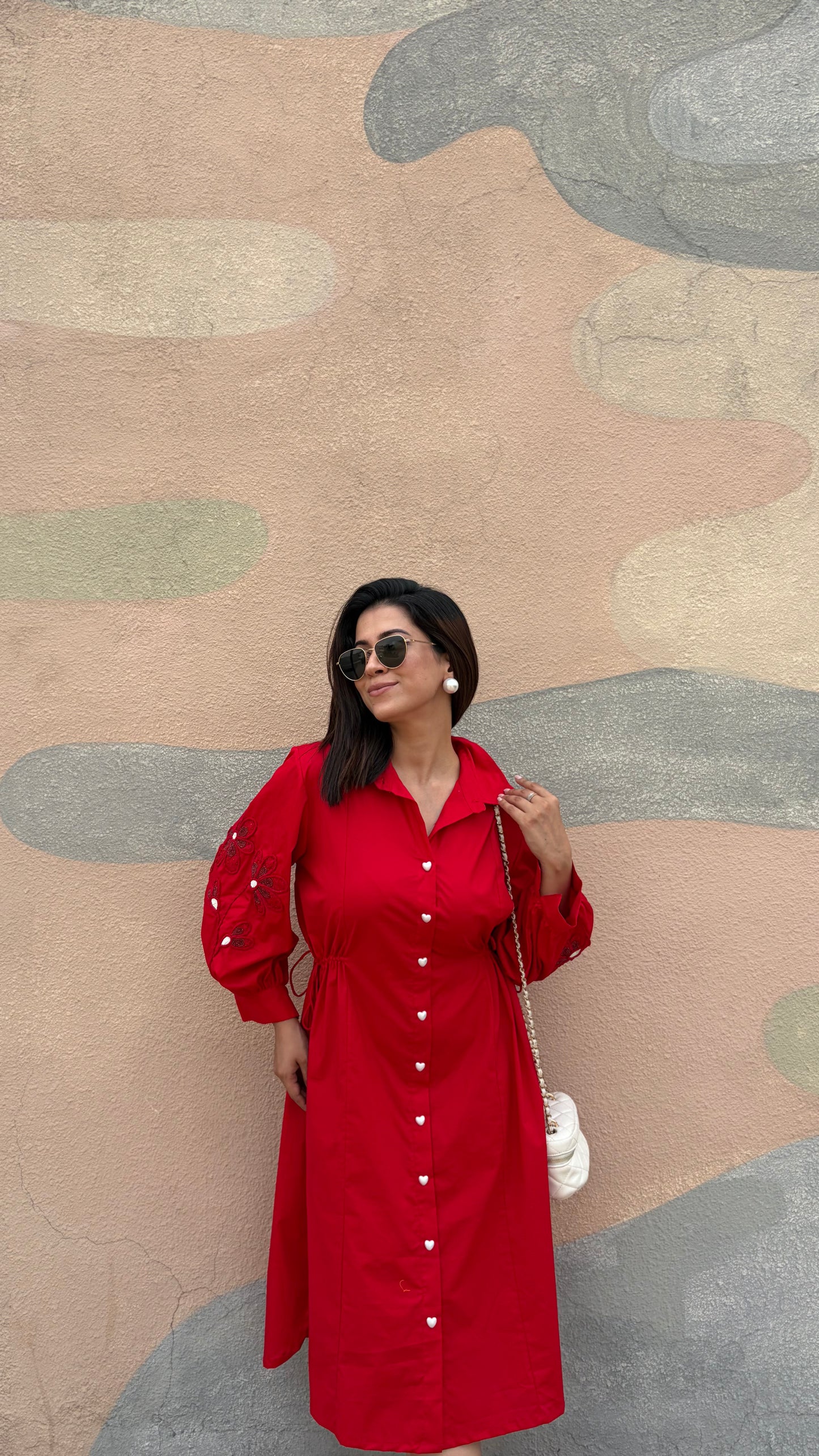 Red Heart Button Midi Shirt Dress