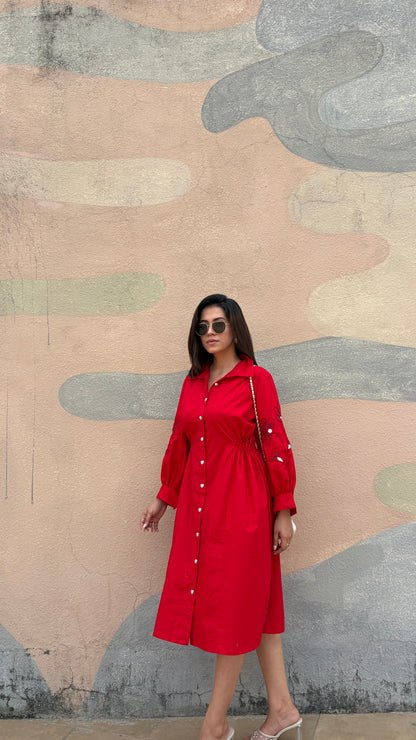 Red Heart Button Midi Shirt Dress