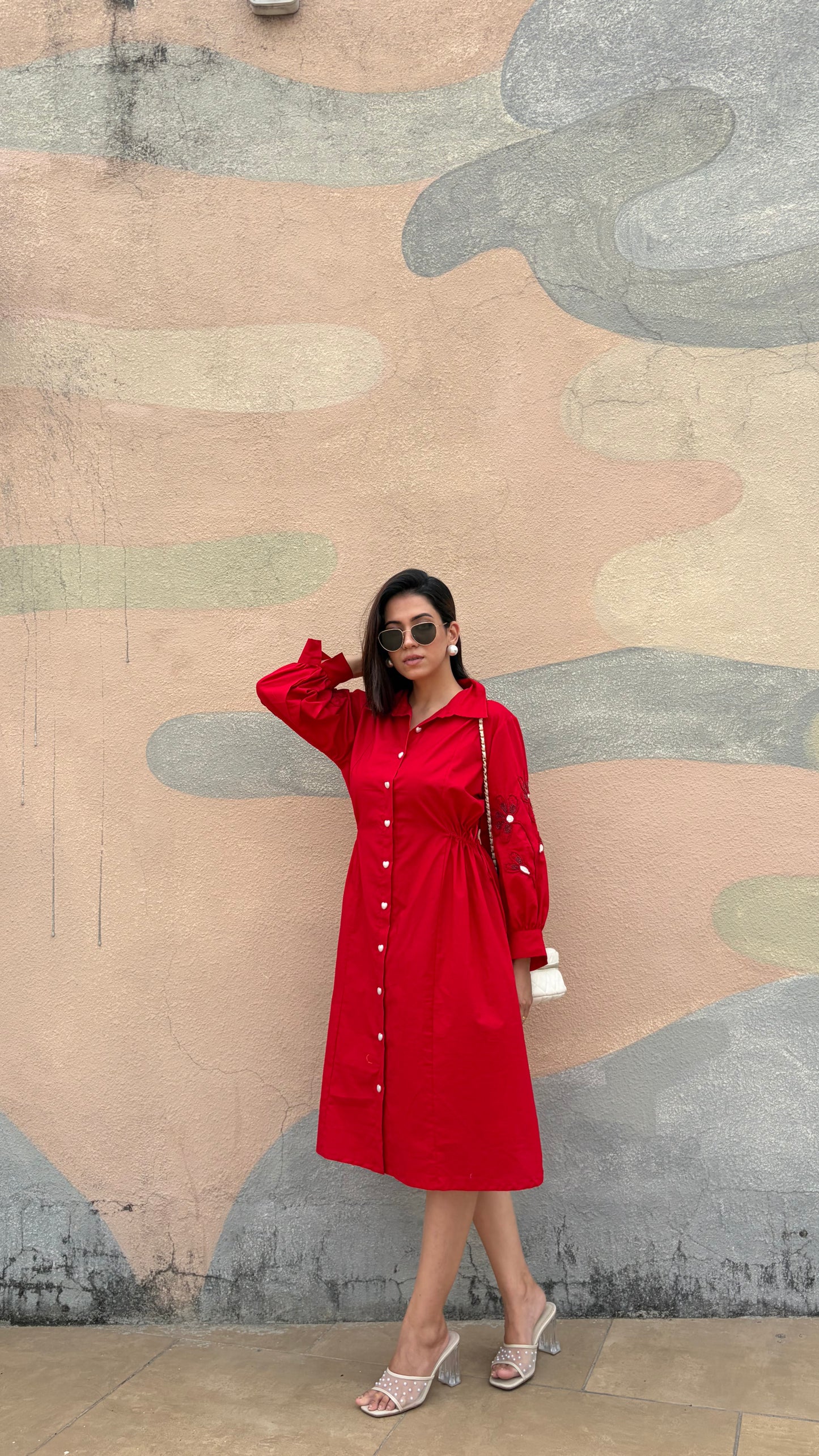 Red Heart Button Midi Shirt Dress