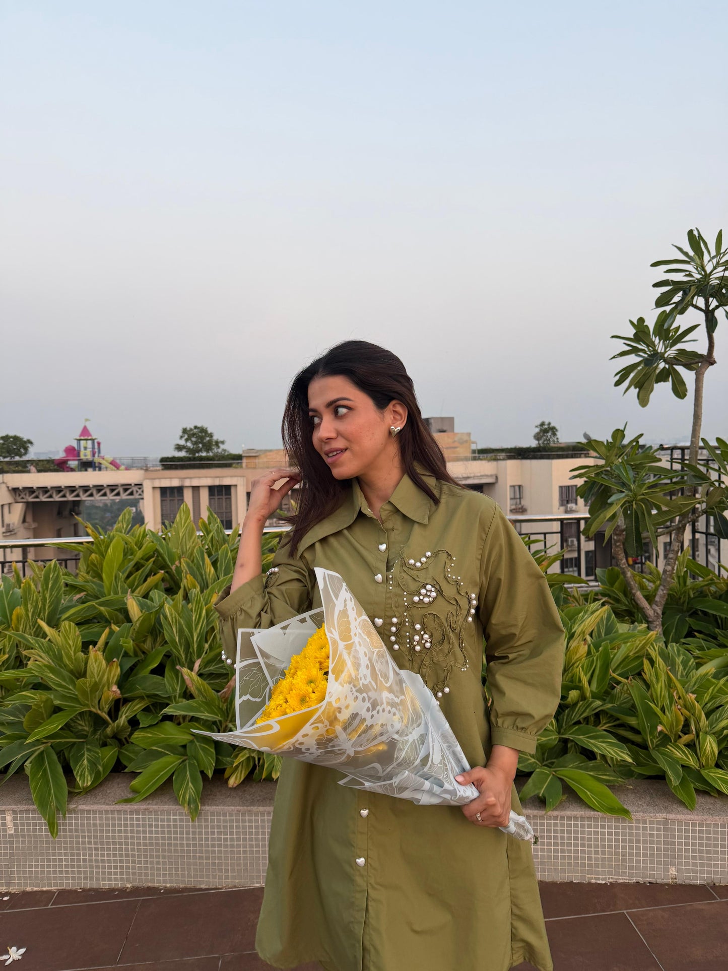 Olive Green Pearl Embroidered Midi Shirt Dress