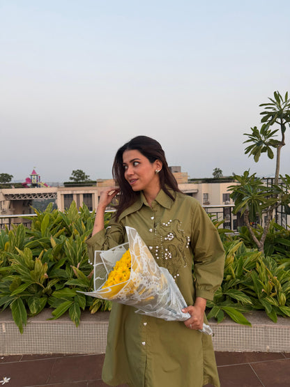 Olive Green Pearl Embroidered Midi Shirt Dress