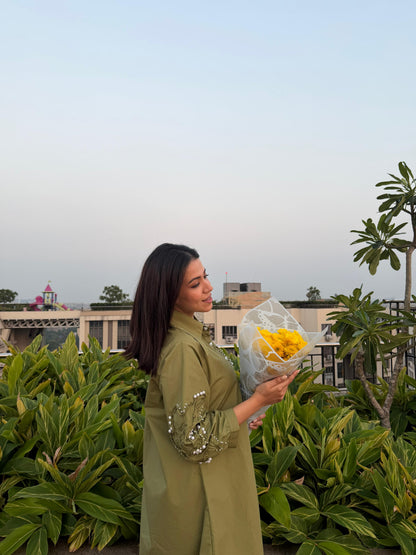 Olive Green Pearl Embroidered Midi Shirt Dress