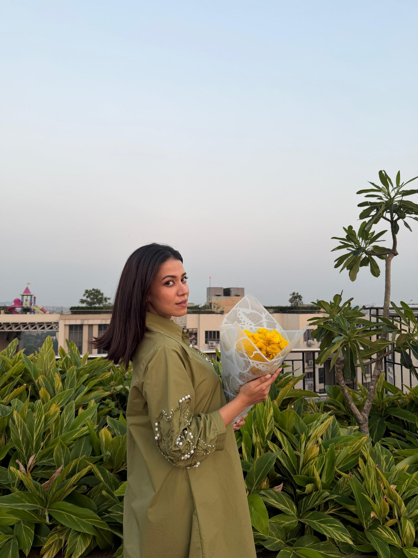 Olive Green Pearl Embroidered Midi Shirt Dress