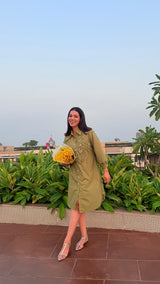 Olive Green Pearl Embroidered Midi Shirt Dress