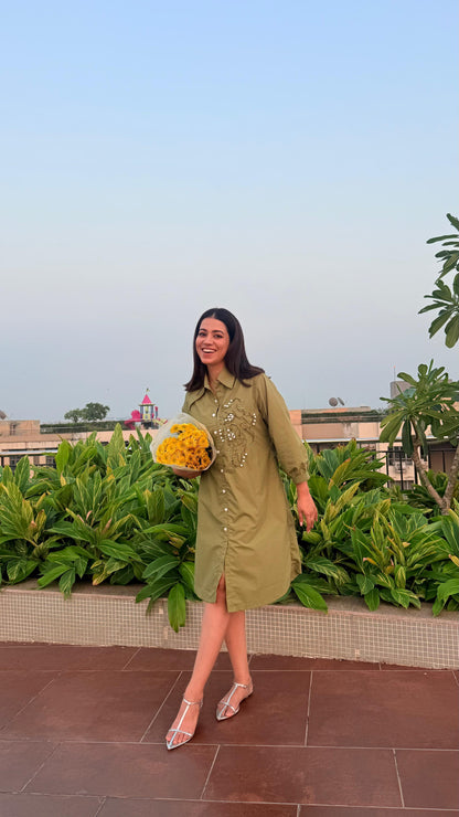 Olive Green Pearl Embroidered Midi Shirt Dress