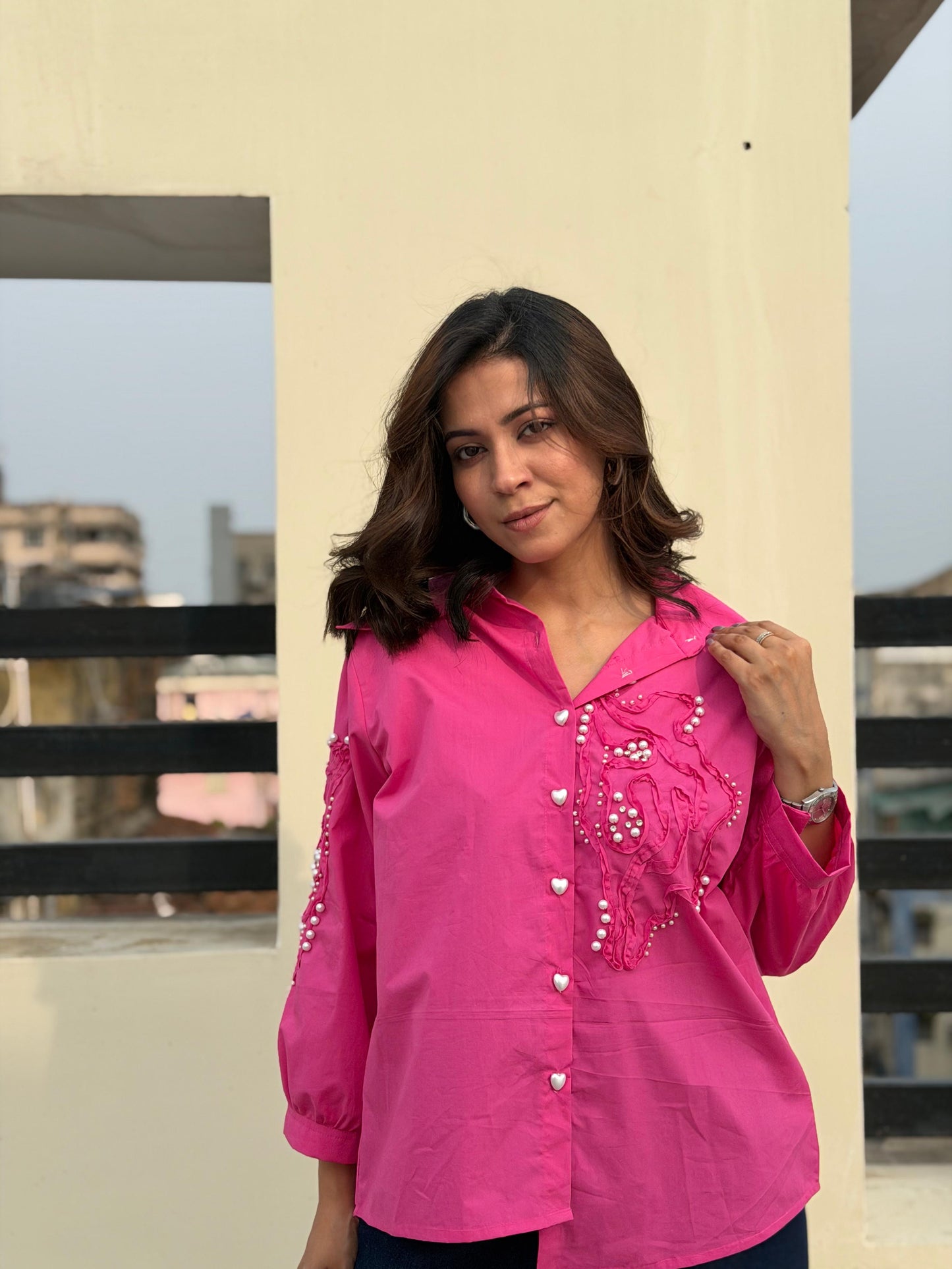 Pink Embellished Oversized Shirt