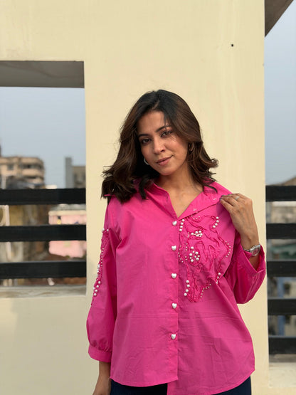 Pink Embellished Oversized Shirt