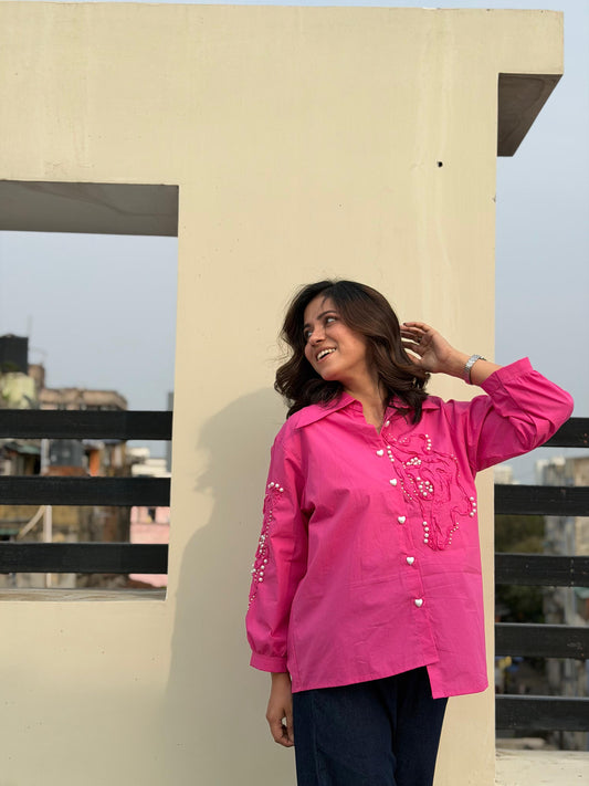 Pink Embellished Oversized Shirt