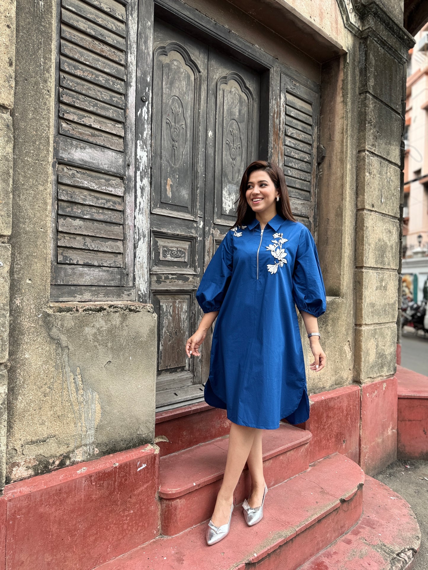 Blue Zip Neckline Dress