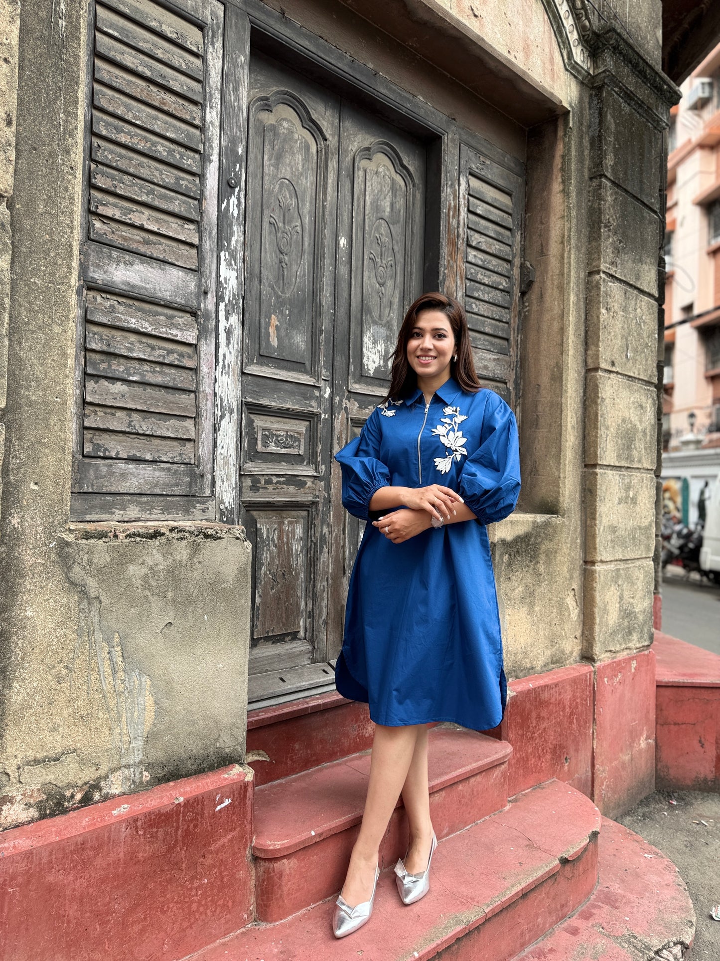 Blue Zip Neckline Dress