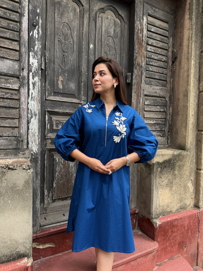 Blue Zip Neckline Dress