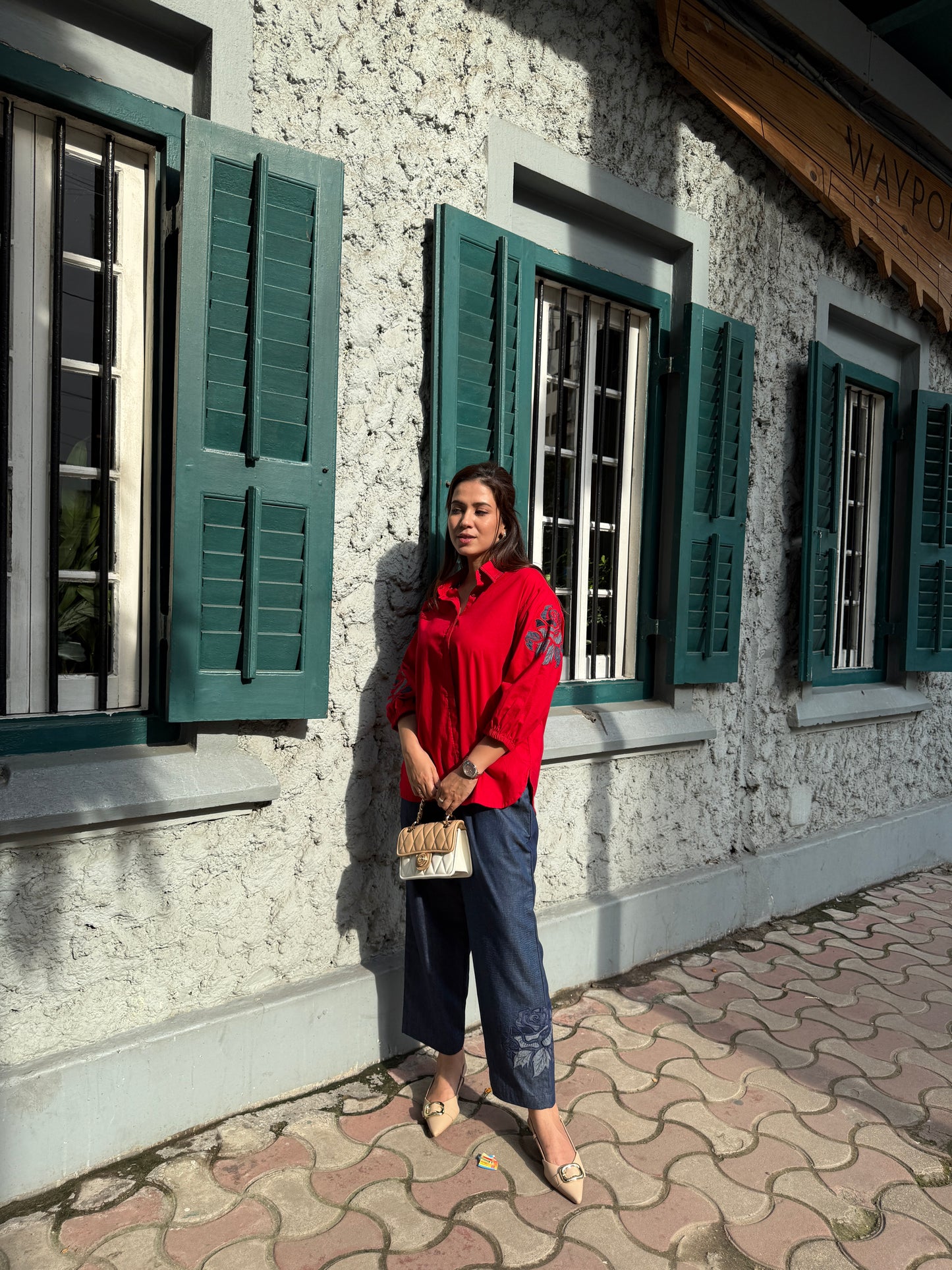 Red Cotton Co-Ordset with Denim Pants