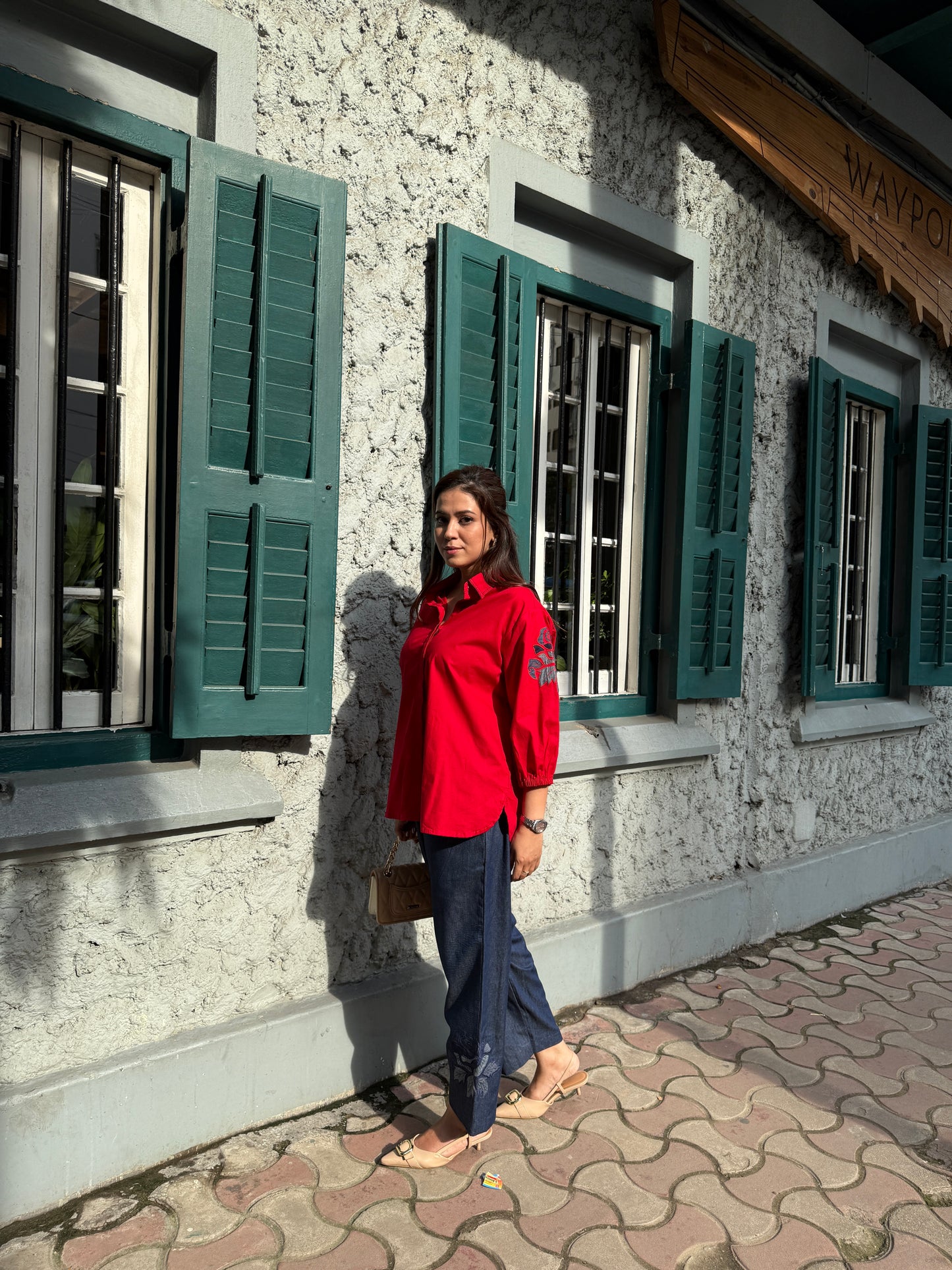 Red Cotton Co-Ordset with Denim Pants